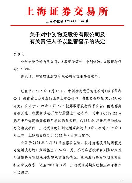 未及时就募投项目延期事项履行审议程序并披露，中创物流及相关责任人被监管警示