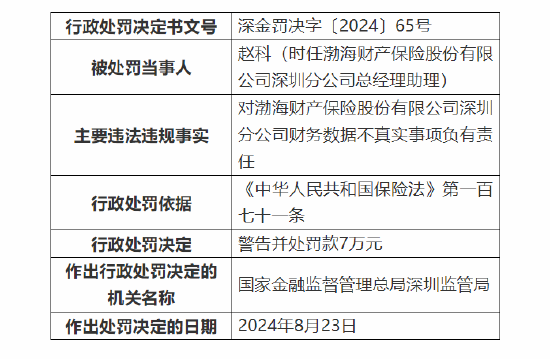 渤海财险深圳分公司被罚50万：因财务数据不真实